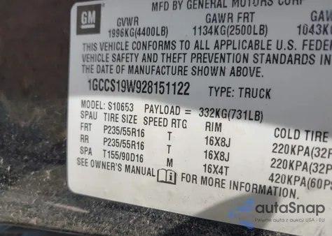 2002 Chevrolet S-10 Ls z USA, uszkodzony, nr VIN 1GCCS19W928151122